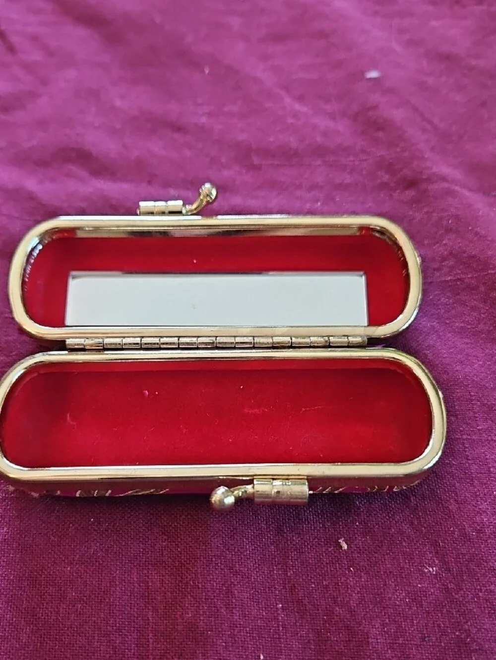 Retro Pink and Gold Embroidered Silk Lipstick Holder With Mirror